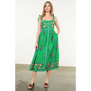 THML Emryn Floral Tiered Midi Dress Women Medium Green Halter Garden Cottagecore